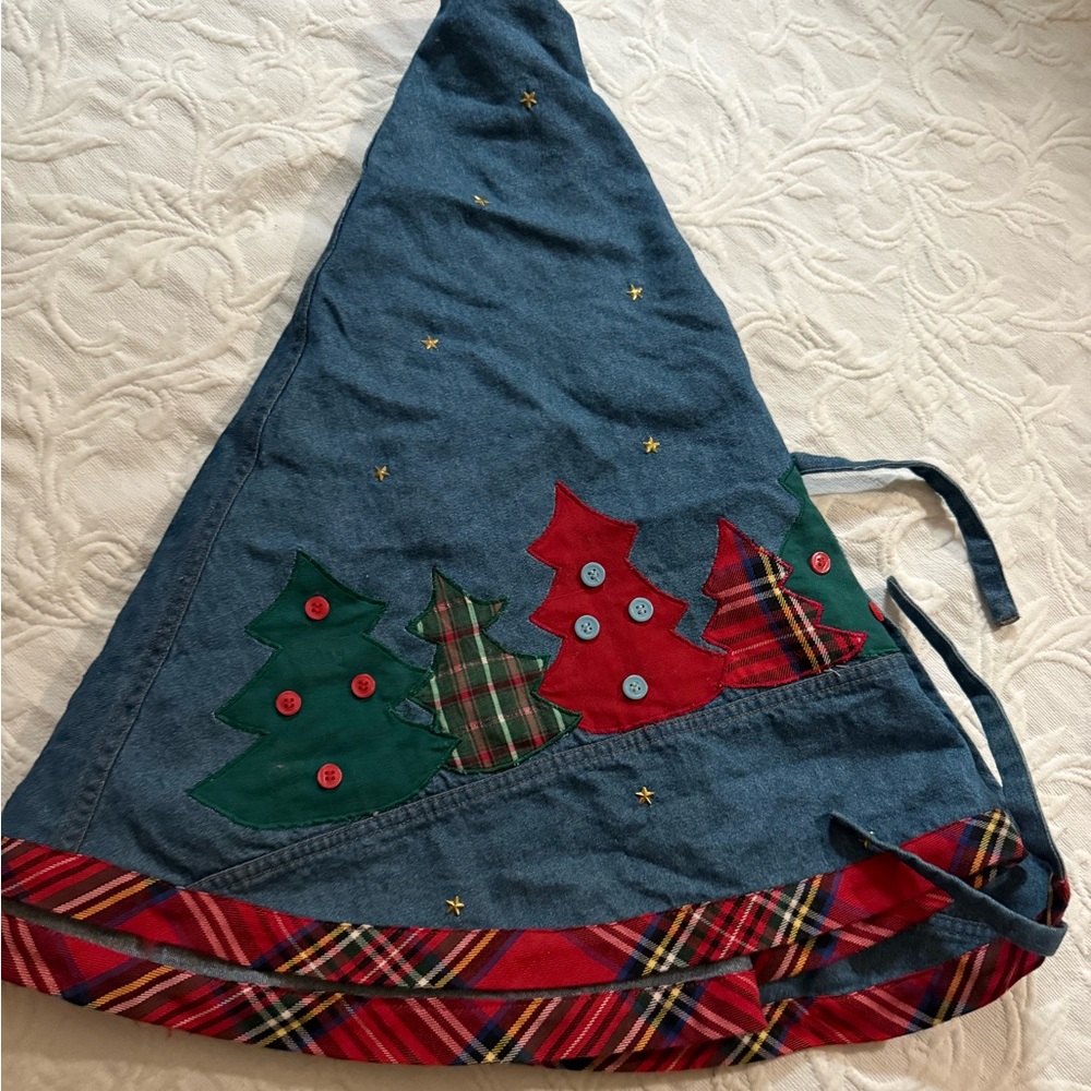Denim & Red Plaid Rustic Country Christmas Tree Skirt Appliqué Trees & Stars